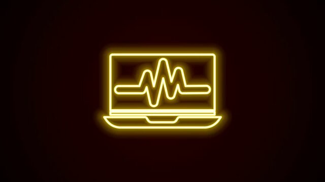 Glowing neon line Laptop with cardiogram icon isolated on black background. Monitoring icon. ECG monitor with heart beat hand drawn. 4K Video motion graphic animation