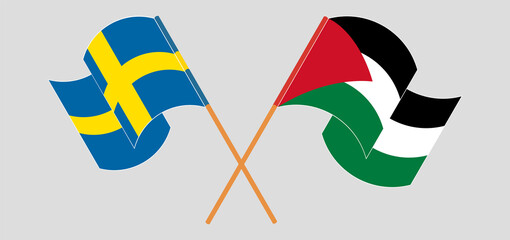 Crossed and waving flags of Palestine and Sweden