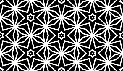 Fototapeta premium Black, white pattern, geometric wallpaper , seamless texture with flat floral ornament, decorative illustration with simple elemets