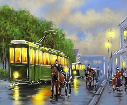 Oil paintings landscape, old tram in the city. Fine art.