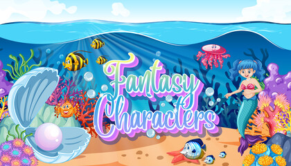Obraz na płótnie Canvas Fantasy characters logo with mermaids on undersea background