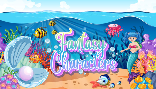 Fantasy characters logo with mermaids on undersea background