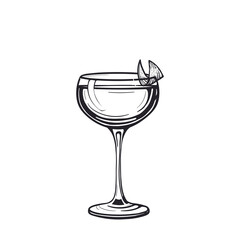 Cocktail daiquiri with lime drink  engraving hand drawn vector illustration. Alcoholic isolated black and white vintage style drink.  - 389752705