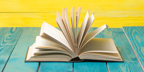 Books on wooden desk table and abstract background. Education background. Copy Space. Back to school.