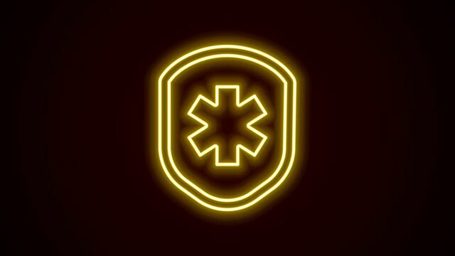 Glowing neon line Medical shield with cross icon isolated on black background. Protection, safety, password security. 4K Video motion graphic animation