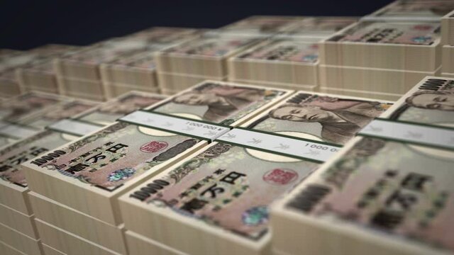 Japanese yen banknote bundle growth loop. 10000 JPY money stacks. Concept of cash pack, crisis, banking, business, success, recession, economy, bank, debt and finance. Loopable seamless 3d animation.