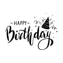 Happy birthday greeting card template lettering in black letters on a white background. Beautiful text for invitation, congratulations.