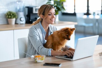 Cute little dog looking the laptop while her owner working with him in the kitchen at home.