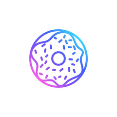 Donut vector icon in bright color gradient. Cute glazed donut with frosting and sprinkles. Line art
