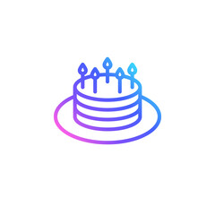 Birthday cake vector icon in bright color gradient. Outlined cake with candles isolated on white background. Line art