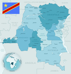 Blue-green detailed map of Democratic Republic of the Congo administrative divisions with country flag and location on the globe.