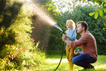 Funny little boy with his father watering plants and playing with garden hose in sunny backyard....