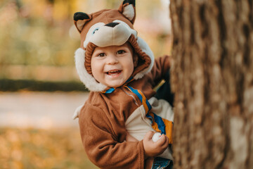 Cute baby boy dressed in fox costume in autumn park