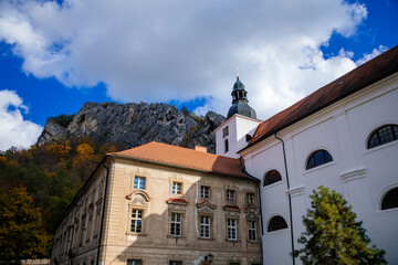 Romantic medieval village with monastery in autumn, Saint John under the Cliff (Svaty Jan pod...
