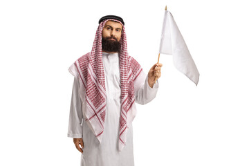 Arab man in a thobe waving a white flag