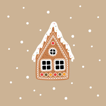 Gingerbread house in flat cartoon style. Christmas vector illustration. New Year decorative element