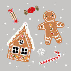 Christmas vector illustration. Gingerbread house, gingerbread man, candy cane and candies in flat cartoon style. New Year decorative elements