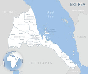 Blue-gray detailed map of Eritrea administrative divisions and location on the globe.
