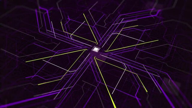 Abstract electronic circuit for the distribution of electricity in an urban environment. Animation. Runing signals on black background from the center into the sides.