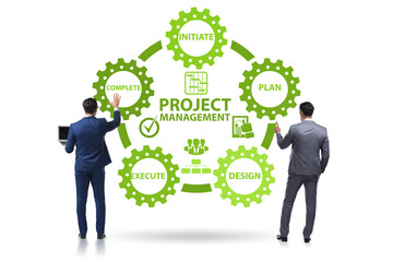 Project management concept in stages with businessman