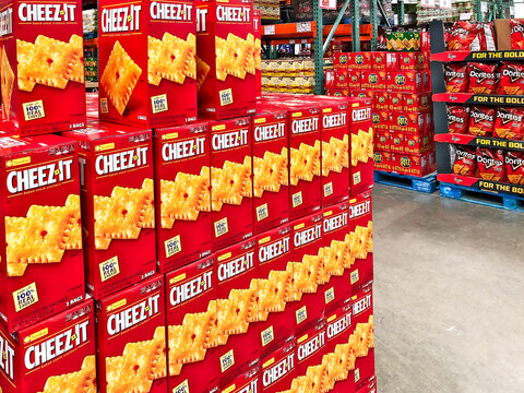 BRAINERD, MN - 30 MAR 2019: Boxes of Cheez It cheese snacks on pallet for sale at a warehouse retail store.