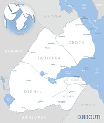 Blue-gray detailed map of Djibouti administrative divisions and location on the globe.