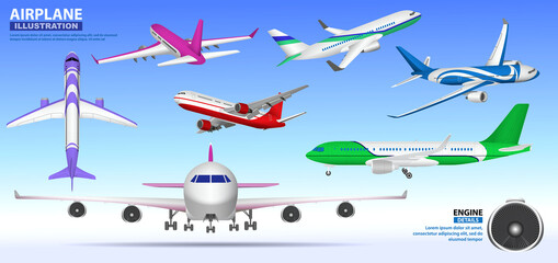 set of realistic airplane mock up or landing and take off commercial airplane or airplane business concept. eps 10 vector, easy to modify