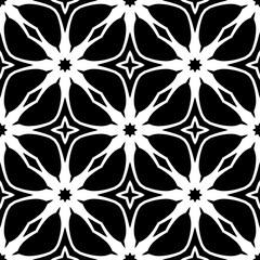 Black, white floral pattern, geometric wallpaper , seamless texture with flat ornament, decorative illustration with simple elemets