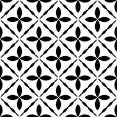 Black, white floral pattern, geometric wallpaper , seamless texture with flat ornament, decorative illustration with simple elemets