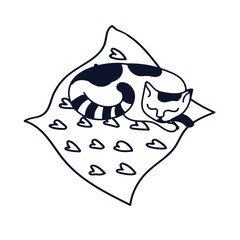 Black and white doodle of sleeping cute cat lies on a pillow isolated on white background. Cozy mood collection, For cards, posters, stickers and baby textile or home design.
