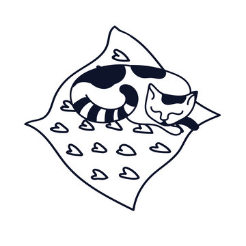 Black and white doodle of sleeping cute cat lies on a pillow isolated on white background. Cozy mood collection, For cards, posters, stickers and baby textile or home design.