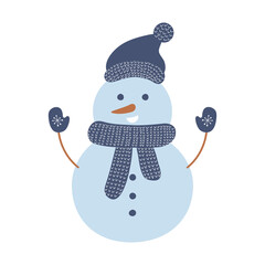 Hand drawn snowman with hat and scarf isolated on white background. Vector illustration
