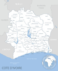 Fototapeta premium Blue-gray detailed map of Cote d'Ivoire administrative divisions and location on the globe.
