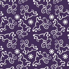 Deer and snowflake on violet backdrop. Christmas seamless pattern for wallpaper, wrap paper, sleeper, bath tile, apparel or bed linen. Phone case or cloth print. Flat style stock vector illustration