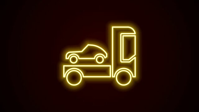 Glowing neon line Car transporter truck for transportation of car icon isolated on black background. 4K Video motion graphic animation