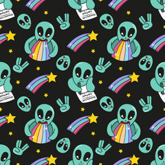 Colorful cute alien and rainbow seamless pattern. Textile fabric pattern print, wrapping paper, book cover, pajamas, face mask, and bedding pattern illustration 