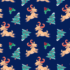 Deer, holly on navy blue backdrop. Christmas tree seamless pattern for wallpaper, wrap paper, sleeper, bath tile, apparel or bed linen. Phone case or cloth print. Flat style stock vector illustration
