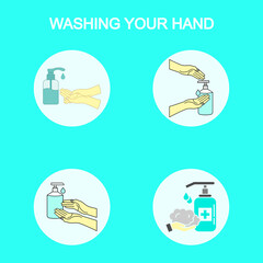 Icon set of disease prevention protect. Vector sanitizer, antiseptic, antibacterial symbols. Healthcare wash hands with rinse water, tap, soap safety icons.