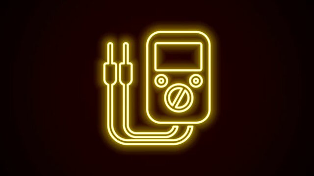 Glowing neon line Ampere meter, multimeter, voltmeter icon isolated on black background. Instruments for measurement of electric current. 4K Video motion graphic animation