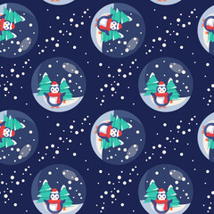 Penguin in snow ball on navy blue backdrop Christmas seamless pattern for wallpaper, wrap paper, sleeper, bath tile, apparel or bed linen Phone case or cloth print Flat style stock vector illustration