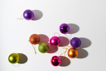 flat lay with Christmas balls on white