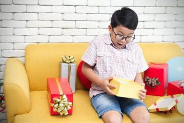 Boy smiling happily with christmas gift box