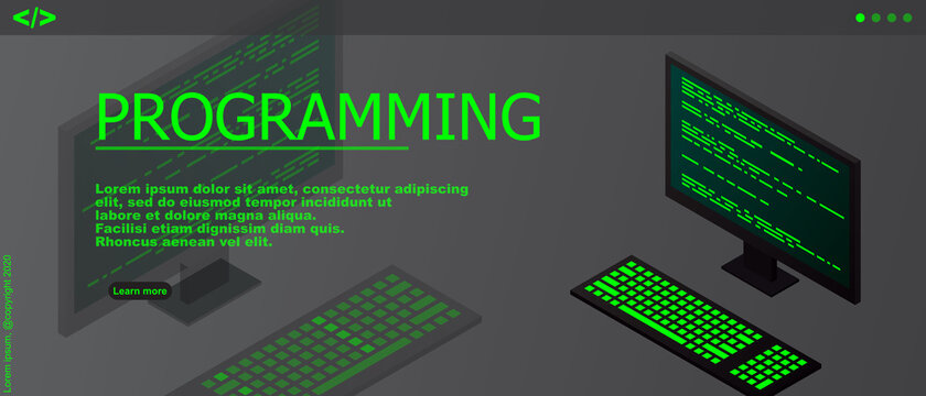 Programming or Software development web page template. Vector illustration with laptop isometric view and program code on screen. Programming concept. vector illustration