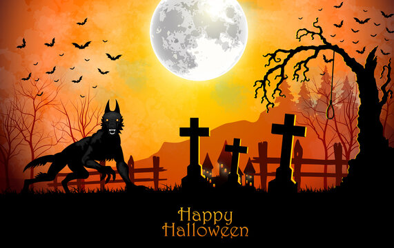 Halloween background with black wolf in graveyard