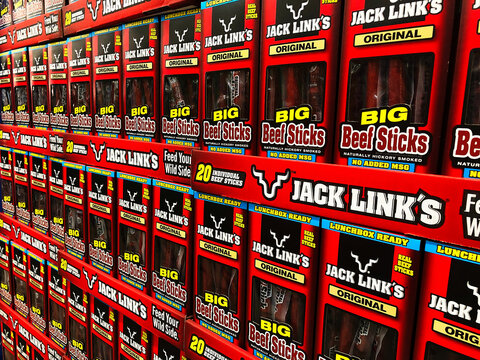 BAXTER, MN - 8 DEC 2019: Store Display Of Beef Sticks In Red Boxes. Jack Links Beef Jerky Is An American Producer And Marketer Of Snack Foods Founded In 1986.established In America In 1901.