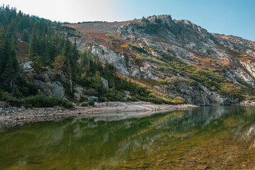 Scenic lake along the St Marys Glacier trail in Colorado, during autumn