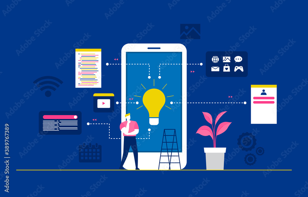 Wall mural programmer thinking mobile app development process flat design illustration