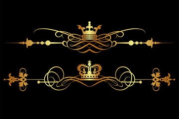 Golden crown with wings, set, decorative ornament patterns on a black background for your design, royal style, vintage, close-up, vector graphics