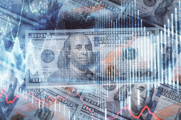 Multi exposure of forex chart drawing over us dollars bill background. Concept of financial success markets.