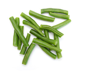 Green beans with leaves on white background